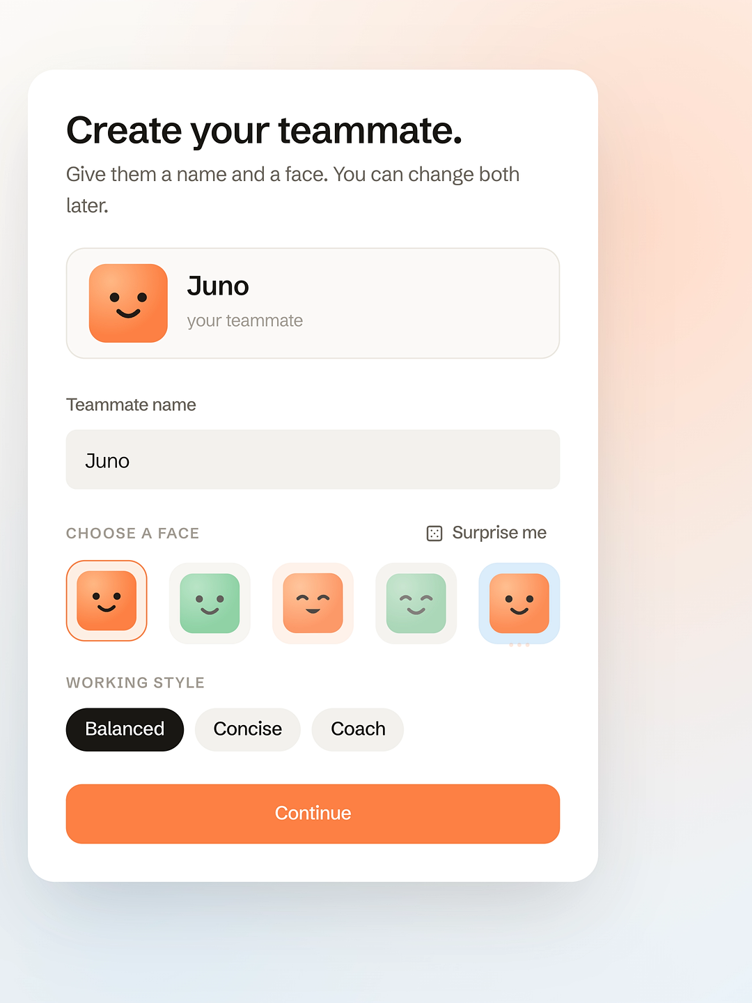 Create your teammate: pick a name, a face, and a working style.